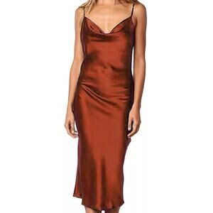 xxxiticat Satin Dress Women Burnt Brown Sleeveless Spaghetti Strap Stretch NWT